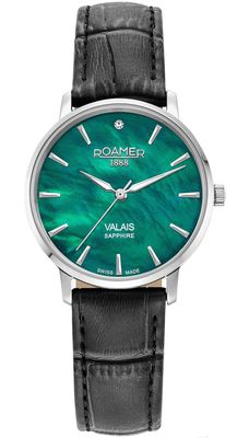 Roamer Valais feminino (32 mm) mostrador em madrepérola verde / conjunto de pulseira em couro preto e malha de aço 989847 41 70 05