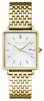 Rosefield Coffret cadeau Boxy (26 mm) cadran blanc / acier inoxydable plaqué or et bracelets en maille BMWMG-X240