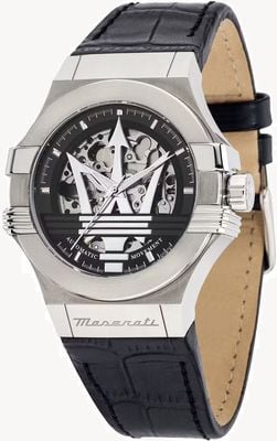 Maserati Potenza Automatik (42 mm) Skelettzifferblatt / schwarzes Lederarmband R8821108052
