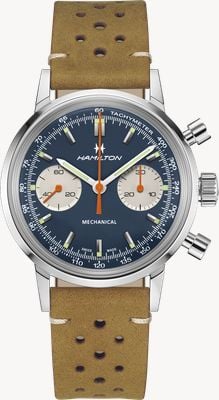 Hamilton Amerikaanse klassieke Intramatic chronograaf H (40 mm) met blauwe wijzerplaat / bruin leer + roestvrijstalen mesh H38429541