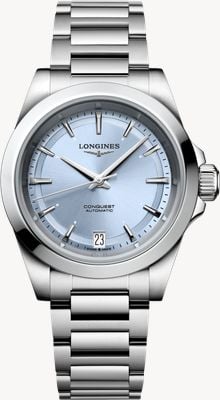 LONGINES Conquest automatische (34 mm) pastelblauwe sunray wijzerplaat / roestvrijstalen armband L34304926