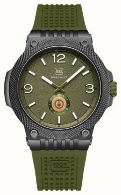 GLOCK Precision Quarzuhr mit kleiner Sekunde (43 mm), olivgrünes, strukturiertes Zifferblatt / olivgrünes Silikonarmband (RTF) GW-43-2-24
