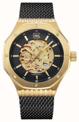 GLOCK Precision Orologio automatico scheletrato (45 mm) con quadrante nero e oro / bracciale in maglia di acciaio inossidabile PVD nero GW-21-1-24