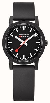 Mondaine Essence Quartz, schwarzes Zifferblatt, schwarzes Armband aus Naturkautschuk MS1.32120.RB