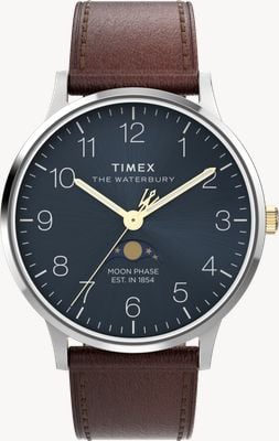 Timex Waterbury 经典月相（40 毫米）蓝色表盘/棕色皮表带 TW2W75600