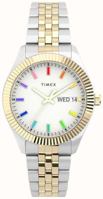 Timex Pulseira de aço inoxidável de dois tons com mostrador branco arco-íris legado feminino TW2V61600
