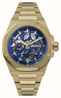 Ingersoll The Faller Automatik (43,5 mm) blaues Skelettzifferblatt / goldfarbenes PVD-beschichtetes Edelstahlarmband I17602