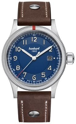 Hanhart Montre automatique Pioneer One (42 mm), cadran bleu / bracelet en cuir marron foncé à rivets - M 762.270-0110