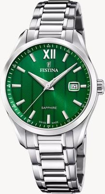 Festina Zwitsers klassiek quartz uurwerk (37,5 mm) met groene wijzerplaat en roestvrijstalen armband. F20026/3