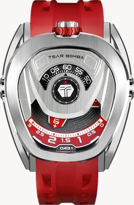 TSAR BOMBA Reactor-Serie Automatik (44 mm) silbernes und rotes Zifferblatt / rotes FKM-Kautschukarmband TB8213A-04
