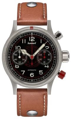 Hanhart Montre tachytélécommande automatique Pioneer (40 mm), cadran noir / bracelet en cuir marron clair à rivets - taille M 712.210-0210