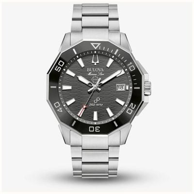 Bulova Relógio masculino com precisão de estrela marinha (43 mm) mostrador preto / pulseira de aço inoxidável 96B434