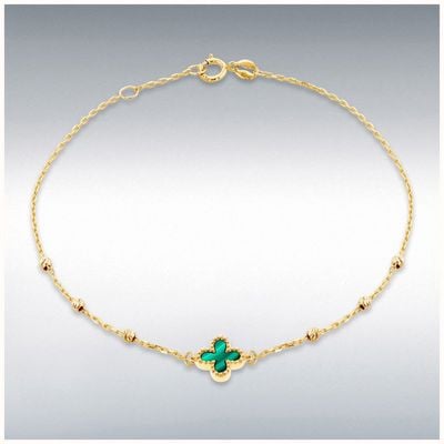 9ct Yellow Gold 8.5mm Malachite Clover DC Ball Bracelet 18cm/7"-1 9cm/7.5" 1.29.2242