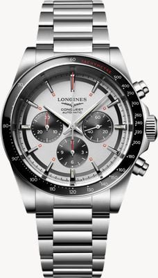 LONGINES Cronografo automatico Conquest (42 mm) con quadrante argentato e bracciale in acciaio inossidabile L38354726