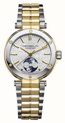 Herbelin Montre automatique Newport à phases de lune (35 mm), cadran argenté « surface de lune » / bracelet bicolore en acier inoxydable 2879BT1N11