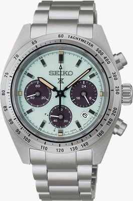 Seiko Cronógrafo solar Prospex Speedtimer ‘Youngtimer’ (39 mm) com mostrador verde menta e pulseira de aço inoxidável. SSC965P1