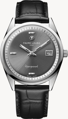 Favre Leuba Harpoon Revival Automatik (36,8 mm) graues Zifferblatt mit Sonnenschliff / schwarzes Lederarmband 00.20401.115.06.101