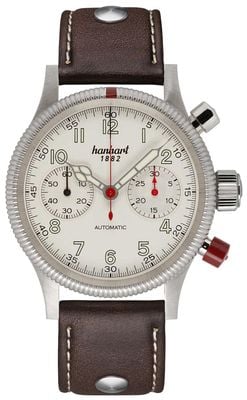 Hanhart PIONEER Mk II Automatic Chronograph (40mm) Antique White Dial / Dark Brown Leather Rivet Strap - M 716.200-0110
