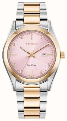 Citizen Reloj eco-drive para mujer (33 mm) con esfera rosa engastada de diamantes/brazalete de acero inoxidable en dos tonos EW2706-58X