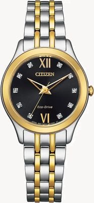 Citizen Diamante silhueta das mulheres | condução ecológica | mostrador de diamante negro | pulseira de aço inoxidável de dois tons EM1014-50E