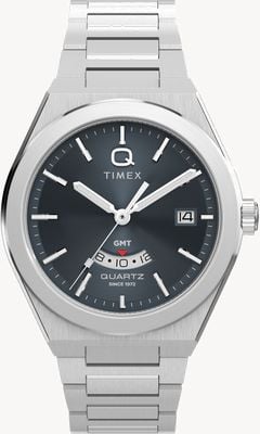 Timex Q timex continental GMT（39mm）黑色放射状纹理表盘/不锈钢表带 TW2Y12100
