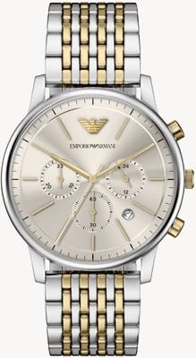Emporio Armani Chronographe minimaliste (42 mm), cadran champagne / bracelet bicolore en acier inoxydable AR11773