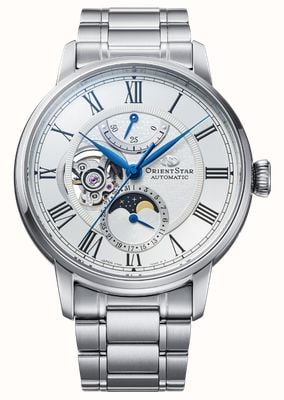 Orient Star M45 f7 mechanisch horloge met maanfase (41 mm) witte wijzerplaat / roestvrijstalen armband RE-BT0005S00B