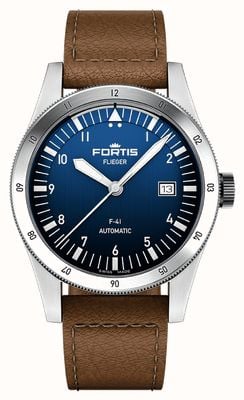 FORTIS Flieger F-41 Automatic Liberty Blue (41mm) Teak Brown Leather Aviator Strap F4220025