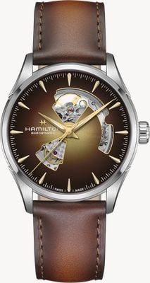 Hamilton Automatyczny zegarek Jazzmaster z otwartym sercem (42 mm) z tarczą w kolorze złotym i gradientem / brązowym paskiem skórzanym H32705501