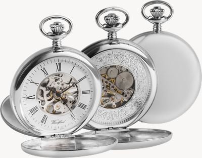 Woodford Reloj de bolsillo mecánico esqueletizado de doble cazador - esfera blanca / caja de acero inoxidable 1097