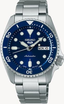 Seiko 5 sports skx nieuwe kleurencollectie 'street denim' (38mm) blauwe wijzerplaat / roestvrijstalen band SRPL77K1