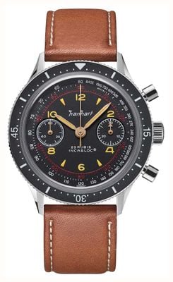Hanhart 415 es iconic (39 mm) czarna tarcza / jasnobrązowy skórzany pasek - m H703.210-8210