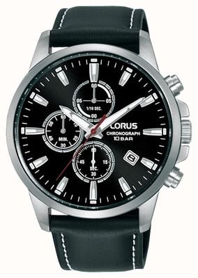 Lorus Sportowy chronograf kwarcowy 100m (42mm) czarna tarcza przeciwsłoneczna / czarna skóra RM387HX9