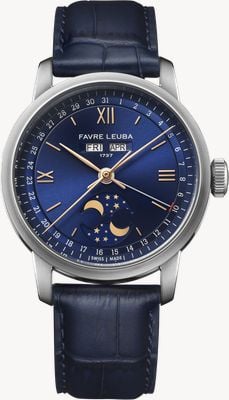 Favre Leuba 1737 Triple Calendar Moonphase Automatic (39mm) Blue Sunray-Brushed Dial / Blue Leather Strap 00.20501.108.02.102