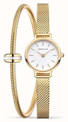 Bering Coffret cadeau classique pour femme (22 mm), cadran blanc / bracelet en maille d'acier inoxydable doré 11022-334-LOVELY-1-GWP190