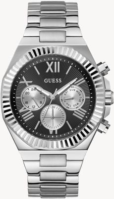 Guess Equity 多功能（44 毫米）黑色太阳纹表盘/不锈钢表带 GW0703G1