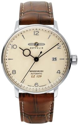 Zeppelin Relógio automático masculino – mostrador bege, caixa em aço inoxidável e pulseira em couro marrom 8062-5