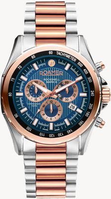 Roamer Rockshell Mark III Chrono, blaues Zifferblatt, zweifarbiges Roségold-IP-Armband 220837 49 45 20