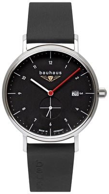 Bauhaus Klassisches Quarzuhrwerk mit kleiner Sekunde (41 mm), schwarzes Zifferblatt/schwarzes Lederarmband 21302