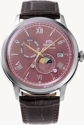 Orient Bambino Sun & Moon automático (41,5 mm) mostrador vermelho / pulseira de couro marrom RA-AK0807R30B