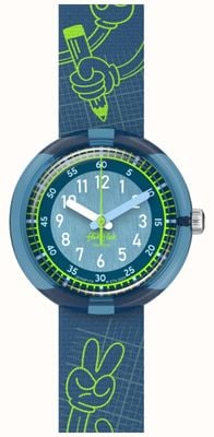 Flik Flak Code Talk (31,85 mm) blaues Zifferblatt / blaues Armband mit Geheimzeichenmuster FPNP174