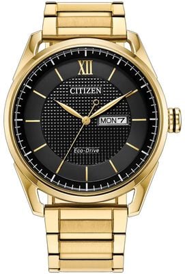 Citizen エコ・ドライブ デイデイト (42mm) ブラックダイヤル / ゴールドPVDステンレススチールブレスレット AW0089-52E
