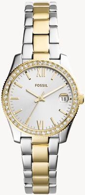 Fossil Women's Scarlette Mini | Silver Dial | Crystal Set | Two Tone Bracelet ES4319