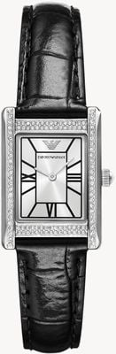 Emporio Armani Montre à quartz cristal à deux aiguilles (32 mm) cadran argenté / bracelet en cuir noir AR11623
