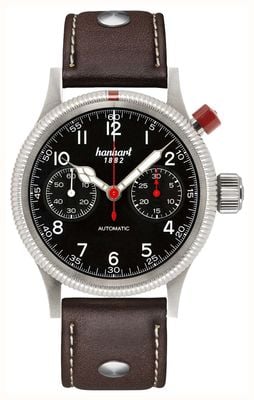 Hanhart Pioneer mk i automatyczny chronograf (40 mm) czarna tarcza / ciemnobrązowy skórzany pasek z nitami - m 714.210-0110