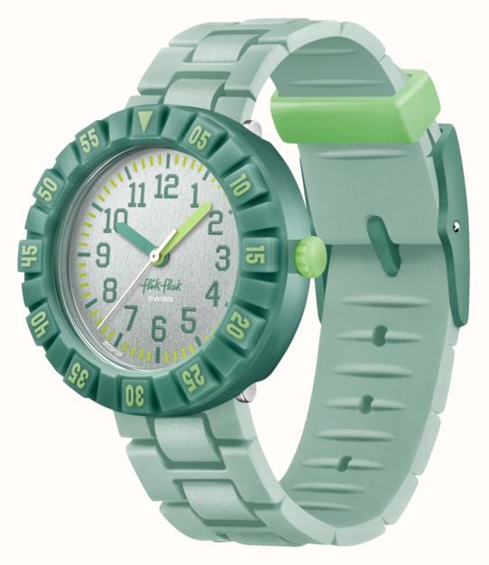 Flik Flak GREENOLOGY 36.7mm Silver Dial Green Rubber Strap FCSP129 First Class Watches IRL