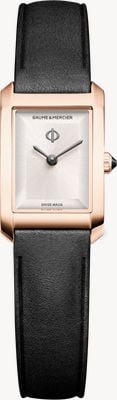 Baume & Mercier Hampton quartz (17,7 x 28 mm) cadran soleil satiné argent chaud / bracelet en cuir de veau noir 10861