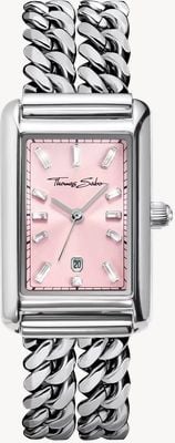 Thomas Sabo Elegante, ausdrucksstarke Armbanduhr aus Kristallquarz (22 mm) mit rosafarbenem Zifferblatt und Edelstahlarmband mit Panzerkette WA0454-201-204-22