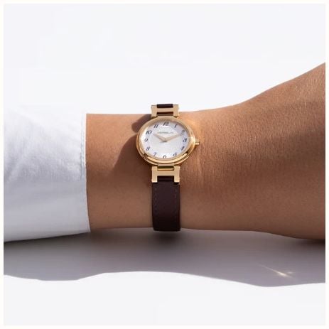 Herbelin Lady H Quartz (26mm) Silver 'Clous de Paris' Guilloché Dial / Burgundy Leather Strap 17512P1N28BU - alternate view 4