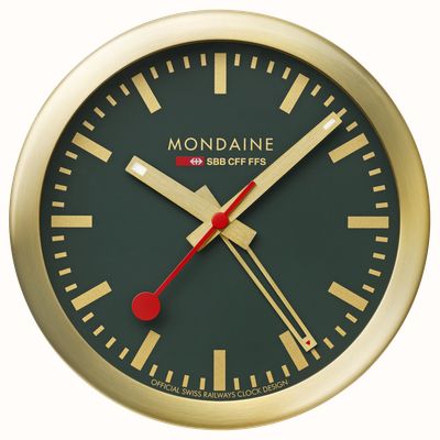 Mondaine Reloj despertador Sbb con segundero amplio (12,5 cm), esfera verde y caja de aluminio en tono dorado A997.MCAL.66SBG.1